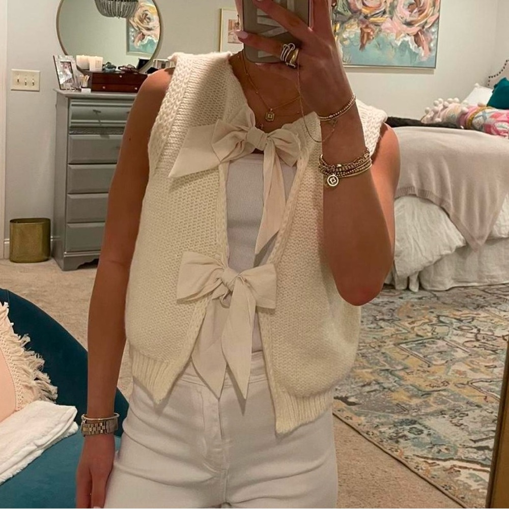 Cream Knit Vest with Bow Details